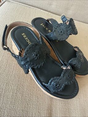 Jack Rodgers Miss Lucia Metallic Black Wedge Sandals - Girls 3.5
